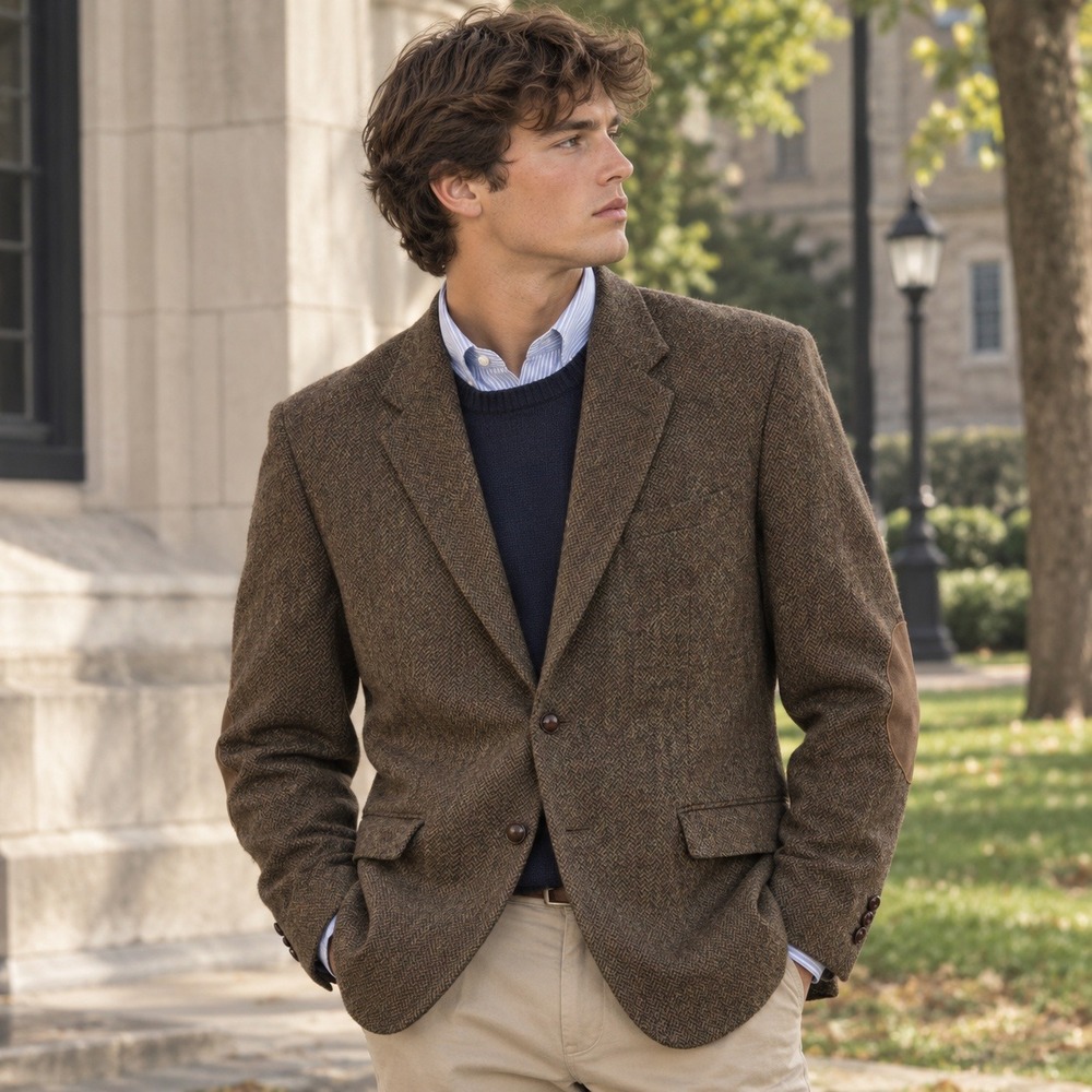 Alan Flusser Mens Brown Herringbone Tweed Blazer Elbow Patches Sport Coat 44L